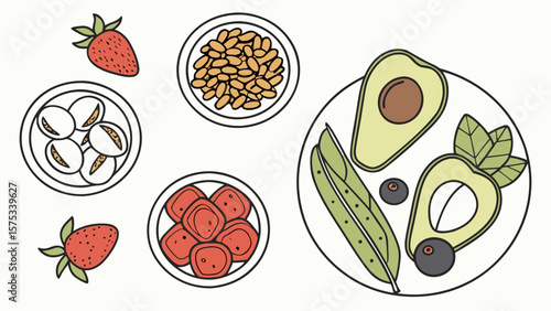Healthy food plate illustration featuring avocado strawberries beans and tomatoes for diet planning