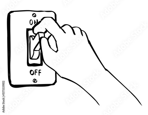 Drawing sketch style illustration of a light switch being turned on or power on with isolated background done in black and white line art.