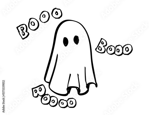 Cartoon style illustration of a spooky halloween ghost floating on isolated background done in black and white.