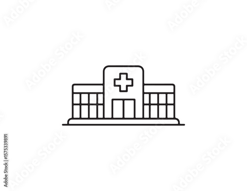 Simple line art icon of a hospital building with a cross symbol isolated on white background