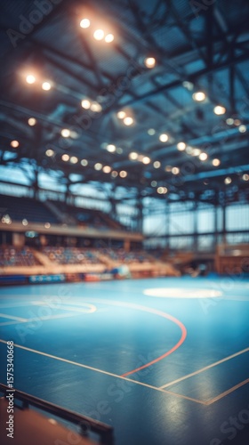Stunning photo of blurred background of a futsal arena with an empty court and seating area. The image captures the indoor sports facility, highlighting the court markings and.