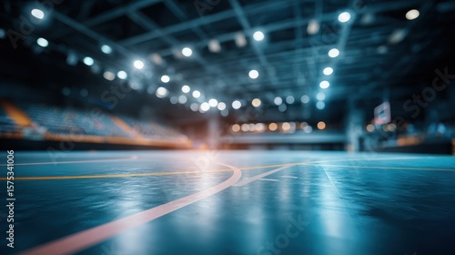 Fototapeta Naklejka Na Ścianę i Meble -  Stunning photo of blurred background of a futsal arena with an empty court and seating area. The image captures the indoor sports facility, highlighting the court markings and.
