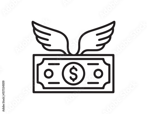 Simple line art icon of a dollar bill with wings isolated on white background