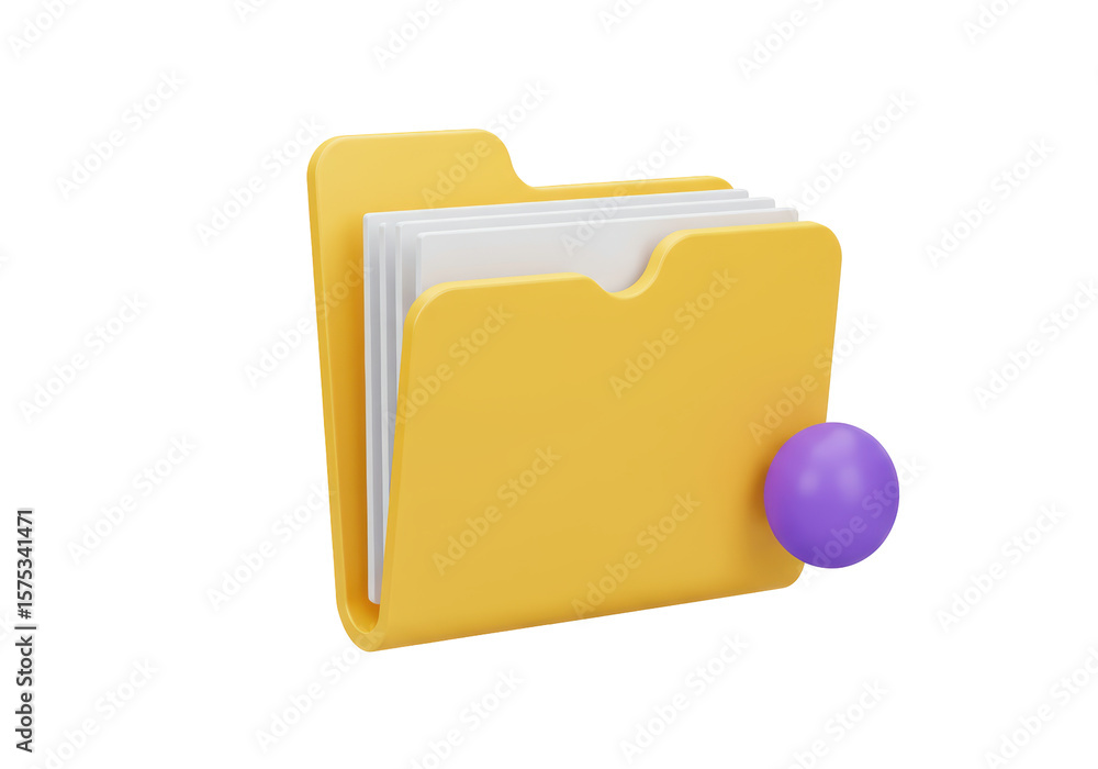 Isolated Yellow Folder with Documents and Purple Sphere Isolated Yellow Folder with Documents and Purple Sphere