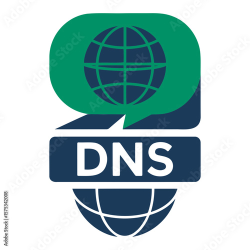 Illustration of a dns logo featuring a globe inside a speech bubble and text dns below