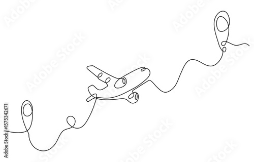 Airplane travelling continuous one line draw with map pin location, Continuous line drawing of aircraft flight routes and airport destinations. airplane line path icon of airplane flight route.
