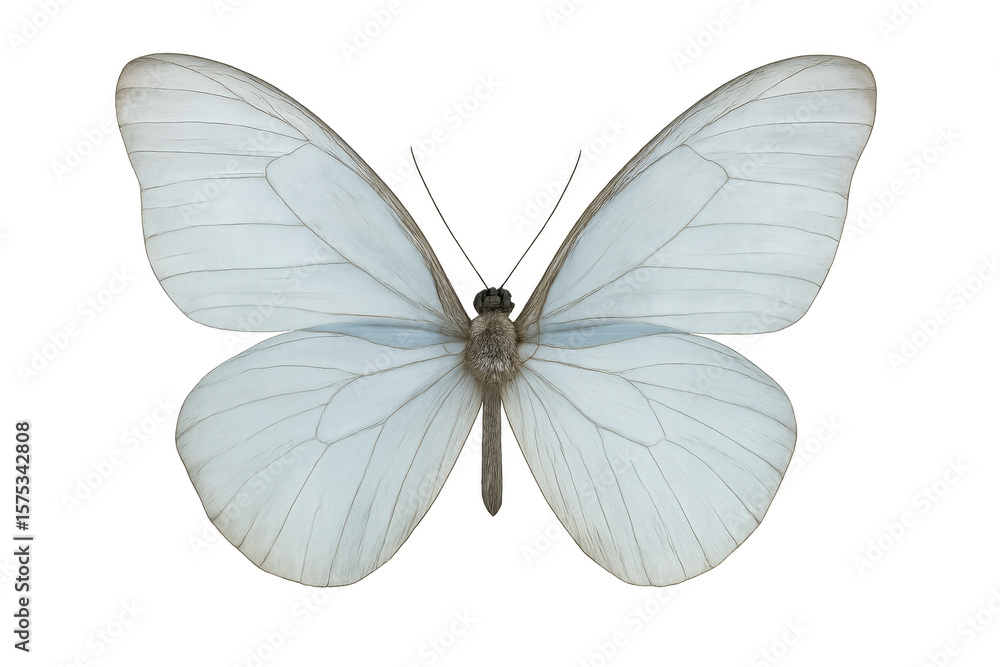 Fototapeta premium Delicate white butterfly spreading wings against transparent backdrop, revealing detailed wing markings and graceful silhouette