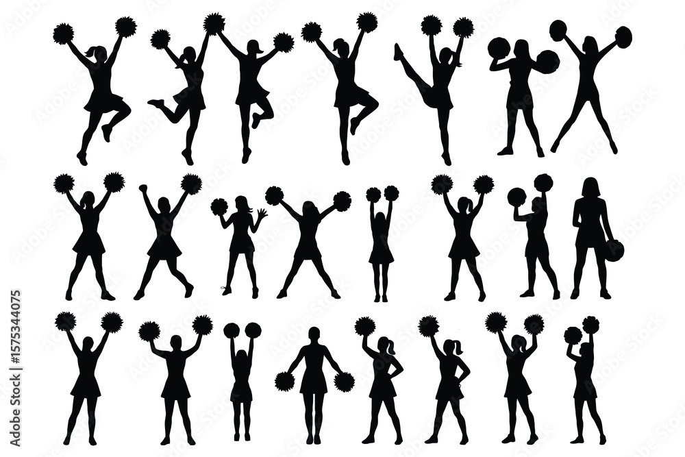 Cheerleaders performing dynamic poses with pom poms Cheerleaders performing dynamic poses with pom poms