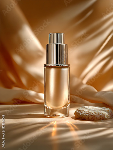 Elegant serum bottle on golden silk with soft light and natural stone accent, evoking a serene, premium skincare ritual.