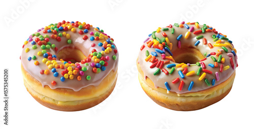 Glazed Donut with Rainbow Sprinkles: A single round glazed donut topped with colorful rainbow sprinkles, PNG