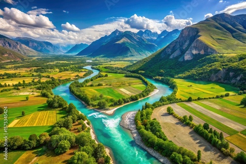 Majestic Albanian mountains frame the Vjose River's turquoise ribbon; an aerial view reveals breathtaking beauty.
