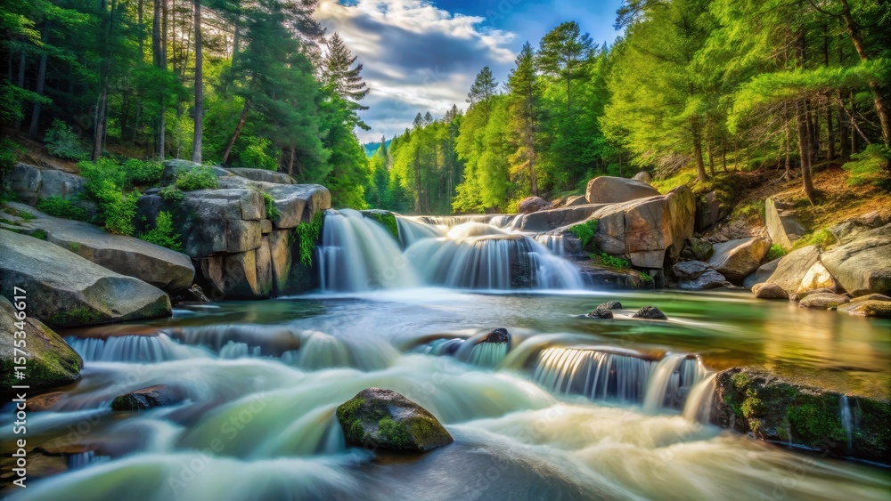 Fototapeta premium Majestic Lower Falls, Swift River, NH. Long exposure photography reveals the waterfall's serene power in a stunning landscape.