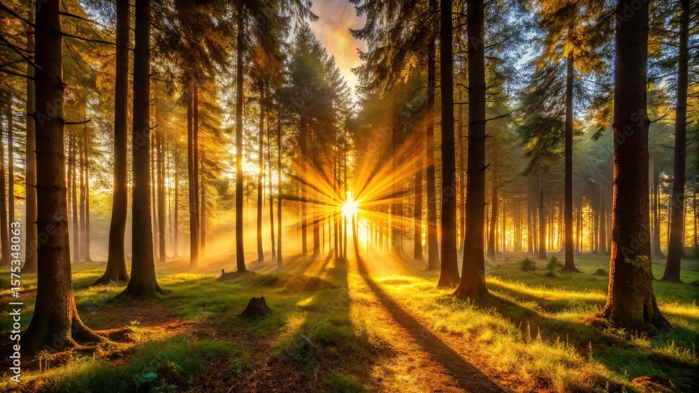 Obraz premium Majestic sunset silhouettes: trees bathed in golden sunlight, a breathtaking backlit landscape.