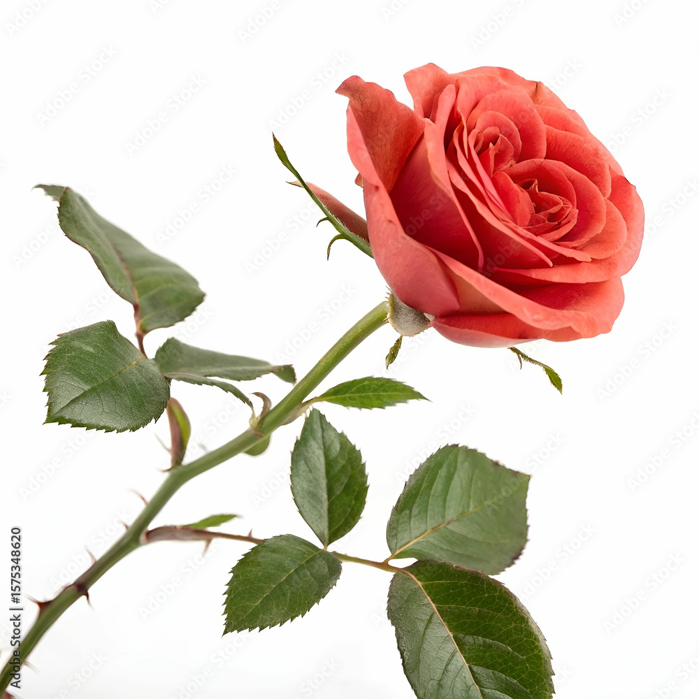 Fototapeta premium Elegant single rose with delicate petals, isolated on white background.