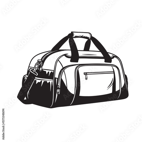 A stylish black and white duffel bag illustration perfect for travel and fitness concepts