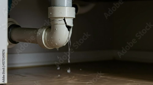 Leaking Pipe: Cracked Drain Under Sink Causes Water Damage Home Repair Needed.