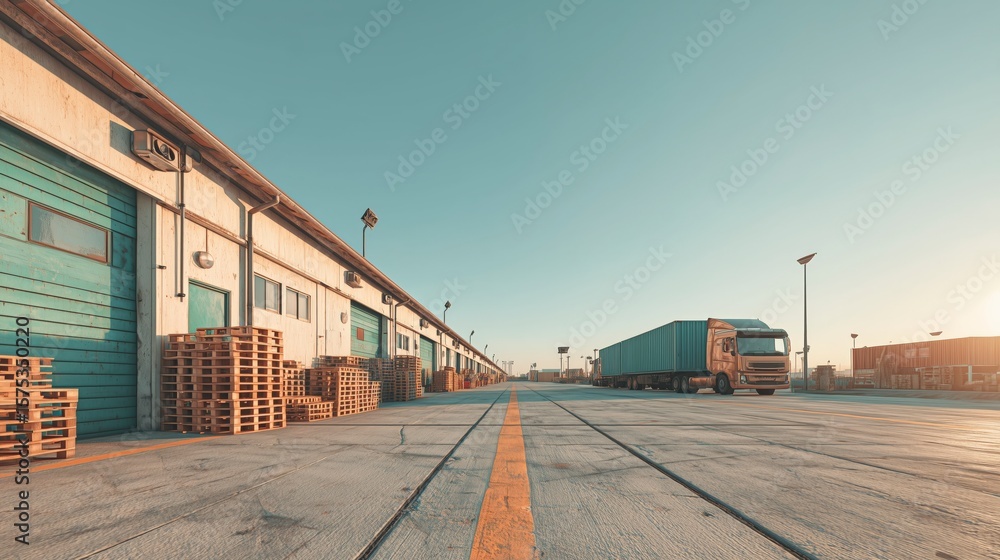Obraz premium ASEAN Logistics Hub Warehouse with Trucks at Sunset