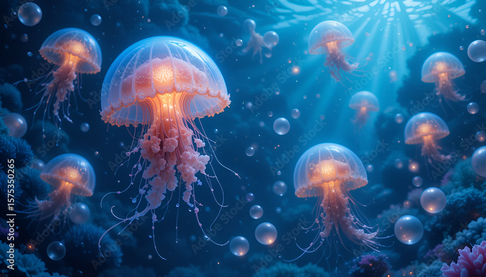 Bioluminescent jellyfish gracefully float among bubbles in a deep blue ocean, illuminated by ethereal sunlight filtering through the water. Bioluminescent jellyfish gracefully float among bubbles in a deep blue ocean, illuminated by ethereal sunlight filtering through the water.