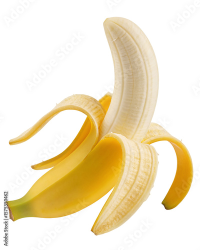 Fresh peeled banana fruit closeup in vibrant yellow color healthy tropical snack isolated photo