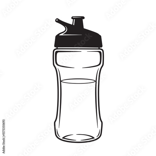 Black and white sports water bottle illustration with a flip-top cap and curved design