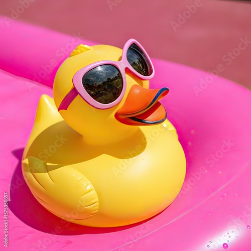 Rubber duck wearing sunglasses against pink  
