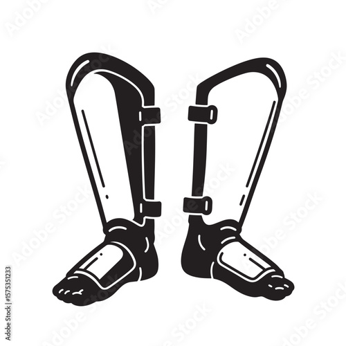 Black and white vector illustration of protective shin and foot guards for sports activities