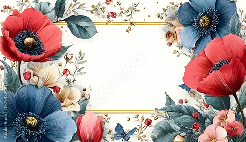 A beautiful floral frame featuring vibrant red and blue flowers surrounded by delicate leaves and smaller blooms, perfect for invitations or announcements.