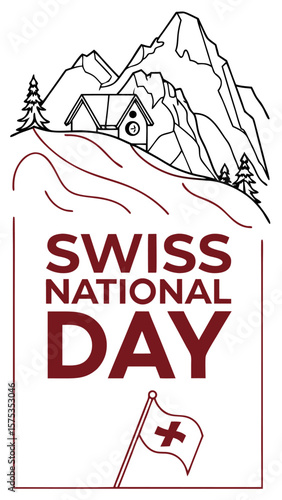 Celebrate swiss national day with a picturesque mountain landscape featuring a chalet and the swiss flag