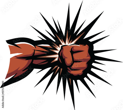 A stylized illustration of a clenched fist, striking with impact.