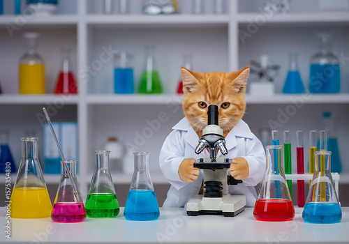 Adorable Ginger Kitten Scientist Exploring Microscopic World in a Laboratory Setting