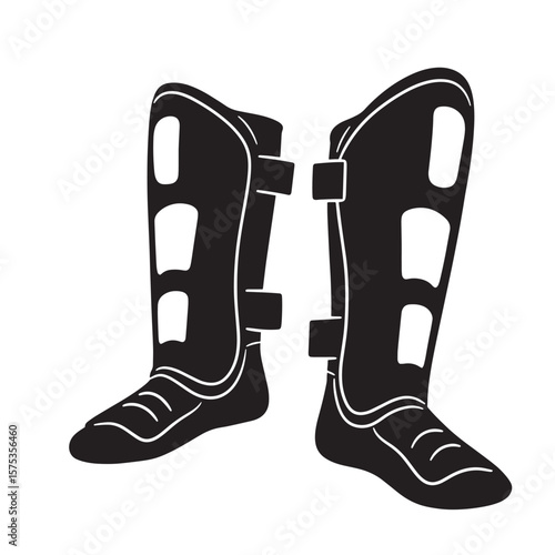 Black and white illustration of a pair of muay thai shin guards in a vector style