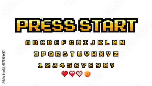 Pixel video game 8 bit font. shadow effect. Set of retro style latin capital letters and numbers. Vector illustration font.