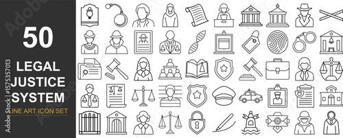 Legal Justice System – 50 Line Art Vector Icons of Law, Court Proceedings, Crime, and Police Operations