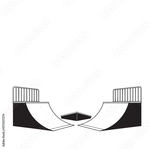 Black and white vector illustration of a skate park with two ramps and a pyramid.