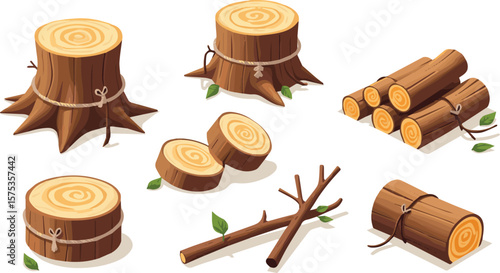 Wood pieces, including logs, stumps, and branches, arranged thoughtfully on a clean