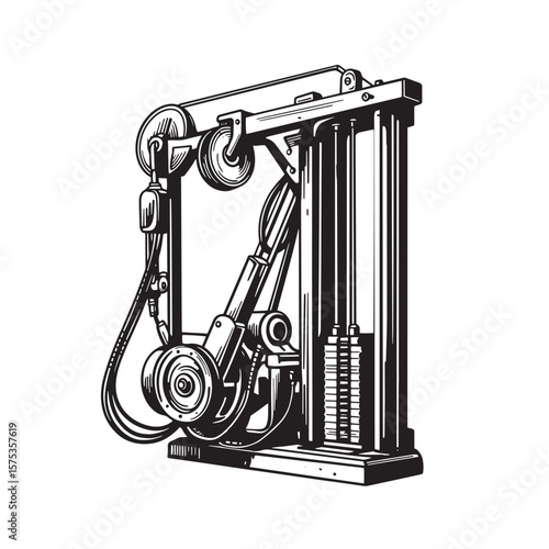 Detailed black and white illustration of a modern weight training exercise machine