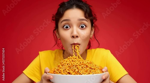 Expressive young woman devouring a large bowl of instant noodles on a vibrant red background.
