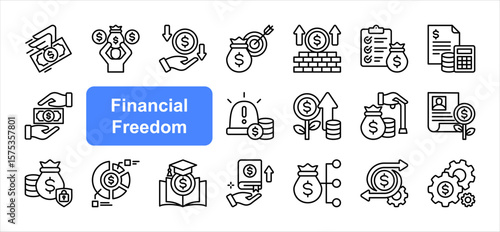 Financial freedom editable stroke icon set, with Financial independence, Passive income, Financial goals, Wealth building, Financial planning, Budgeting, Savings plan, Emergency fund.