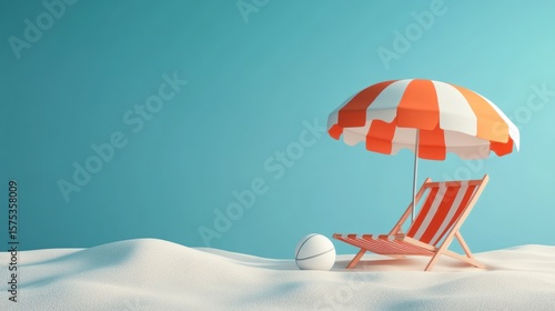 Minimalist beach scene with sunshade and chair