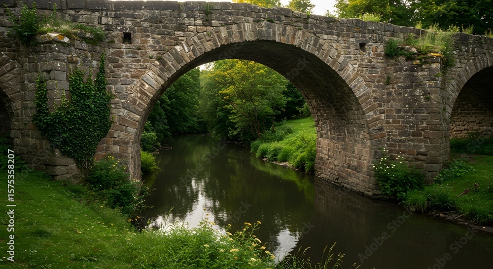 Fototapeta premium Stone arch bridge crossing river scenic landscape architecture travel destination historic landmark outdoors