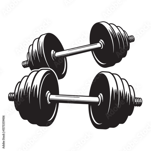 Two black and white dumbbells illustration representing fitness and bodybuilding training