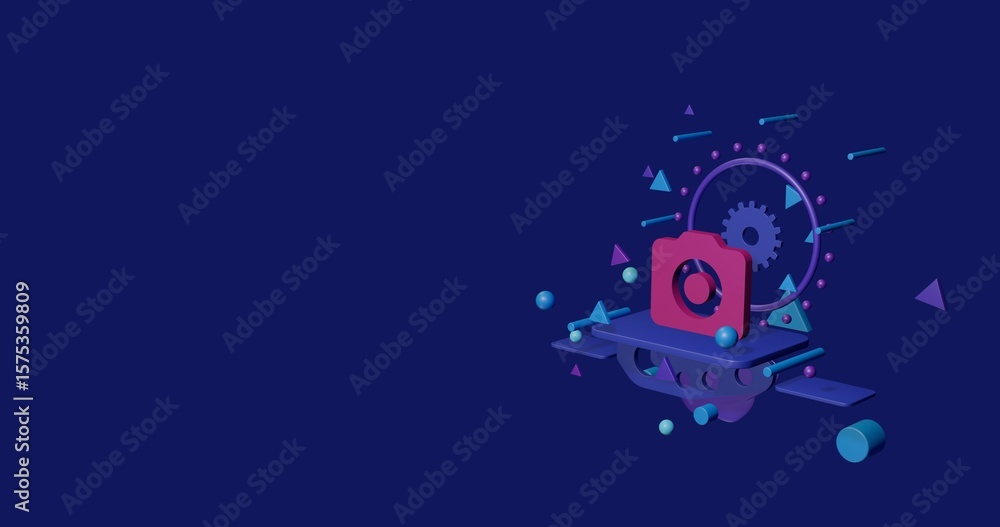 Obraz premium Pink photo camera symbol on a pedestal of abstract geometric shapes floating in the air. Abstract concept art with flying shapes on the right. 3d illustration on indigo background