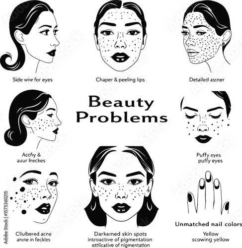 Whimsical Beauty Problem Icon Poster Featuring 8 Silhouettes Representing Common Facial and Skincare Issues Includes Puffy Eyes, Acne & Freckles, Peeling Lips, Unmatched Nail Colors, Dark Spots, 