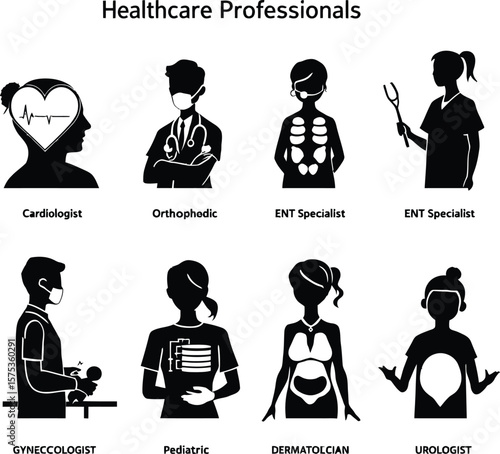 Elegant Medical Specialist Silhouette Collection in Minimalist Black and White Line Art Featuring Cardiologist, Orthopedic Doctor, ENT Experts, Pediatrician, Urologist, Dermatologist, and Gynecologist