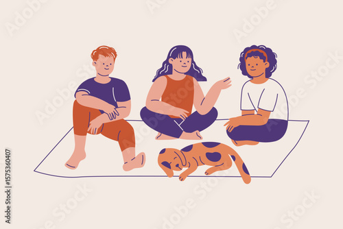 Community Diverse Sitting with Dog Illustration