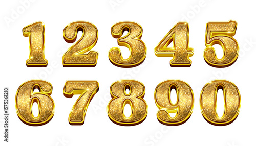 A collection of golden, metallic 3D numbers and symbols, perfect for business or design illustrations, Golden Numbers Zero to Nine 3D Numbers, balloons shaped 