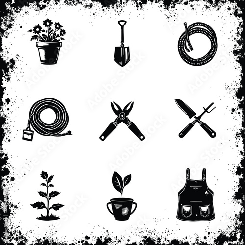 Whimsical Gardening Essentials Icon Poster Featuring 9 Thematic Black Silhouettes Arranged in a 3×3 Grid Includes Potted Flowers, Ground Plant, Gardening Shovel, Hose Variants (Plain & Nozzle), 
