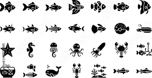 Collection of diverse marine life and aquatic creatures depicted as simple black silhouettes on a white background