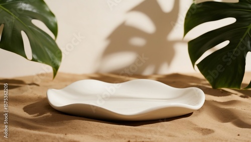 Elegant White Ceramic Serving Tray on Sandy Surface with Tropical Leaves