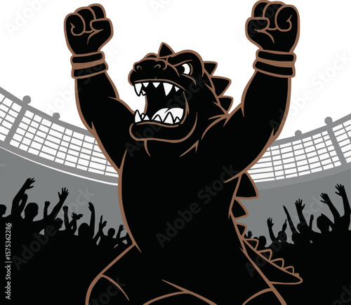 A triumphant crocodile mascot celebrates victory with raised arms and excitement in a stadium.